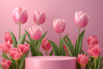 Fototapeta premium Illustration of a pink podium with tulips, a perfect concept for Mother's Day or women's events.