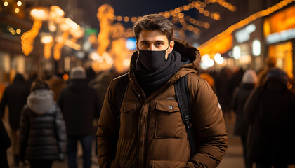 Obraz premium A young man walks in the city at night generated by AI