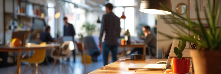 Vibrant Office Scene: Spacious Business Environment with Professionals in Casual Wear. Skillful Depth of Field and Bokeh Background Infuse Energy into the Modern Workspace. Generative AI