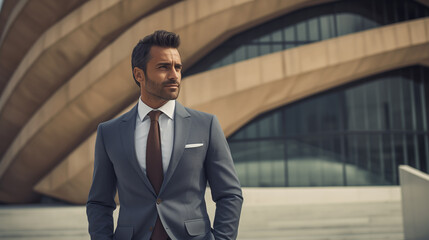 Portrait of a hispanic confident businessman outdoors, wearing a a gray suit, looking away 