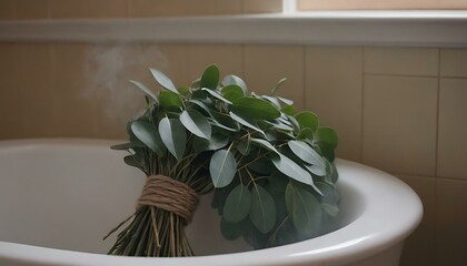 A bundle of fragrant eucalyptus, tied with twine, hanging in a steamy bathroom