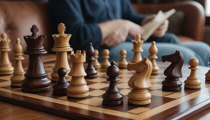 A hand-carved wooden chess set, meticulously crafted, displayed on a polished mahogany table