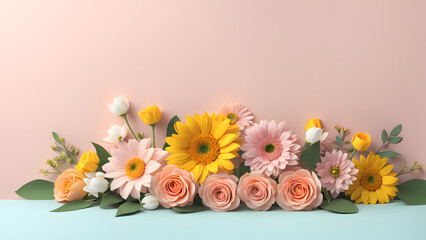 Fototapeta premium 3D flower floral with pink pastel background. Cosmetic or beauty product background for woman's day and mother's day. Copy space floral mockup.