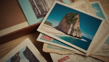 A stack of vintage postcards, each one stamped with exotic destinations, on a writing desk