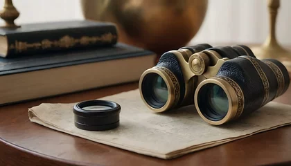 Poster A set of antique brass binoculars, with mother-of-pearl inlays, on an explorer's desk © Hans