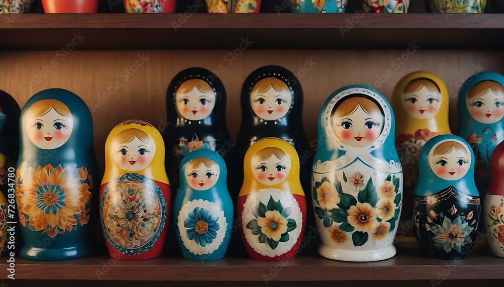 Wall mural A set of hand-painted nesting dolls, each one revealing a hidden surprise, on a display shelf