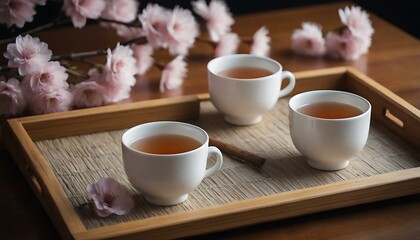 A set of porcelain tea cups, adorned with delicate cherry blossoms, on a bamboo tray