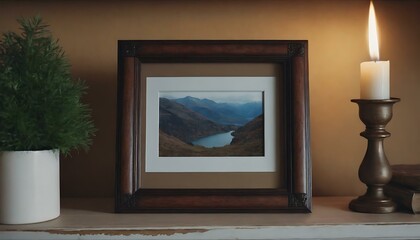 A rustic wooden photo frame, holding a cherished memory, on a mantelpiece