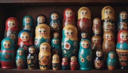 Fototapeta na wymiar A set of hand-painted nesting dolls, each one revealing a hidden surprise, on a display shelf