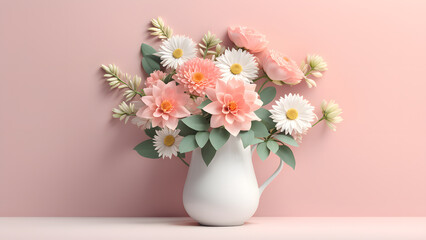3D flower floral with pink pastel background. Cosmetic or beauty product background for woman's day and mother's day. Copy space floral mockup.