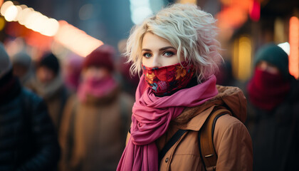 Fototapeta premium Young adults walking outdoors in winter, smiling, looking at camera generated by AI