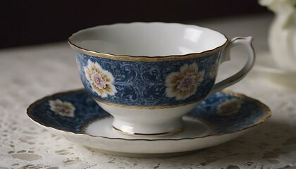 A delicate porcelain teacup, adorned with intricate floral patterns, on a lace tablecloth