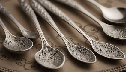 A set of antique silver teaspoons, each one engraved with intricate patterns, on a lace doily - obrazy, fototapety, plakaty