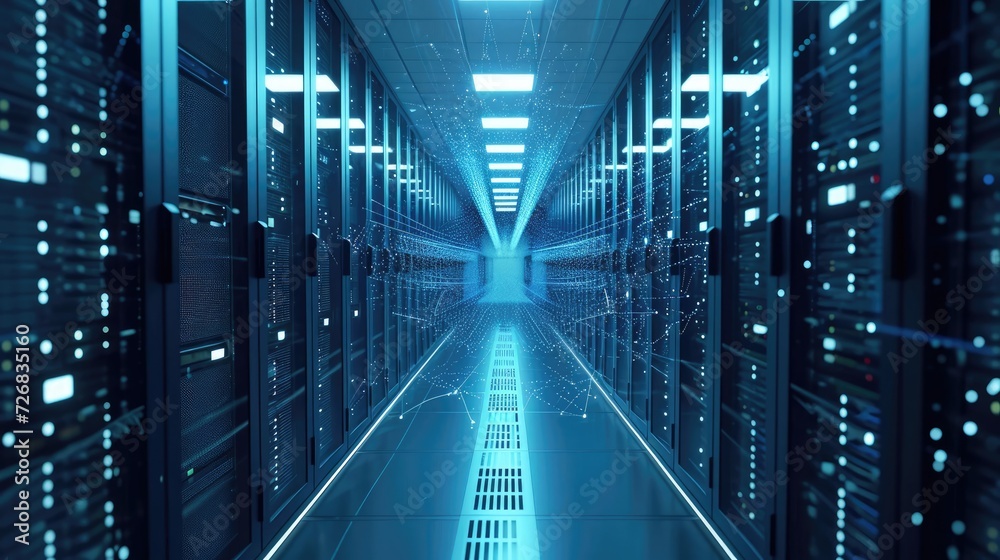 Poster long hallway with rows of servers in a data center generative ai