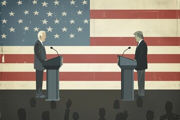 Political Debate Illustration: Two Candidates Speaking Before an American Flag, Symbolic of Democracy and Elections - obrazy, fototapety, plakaty