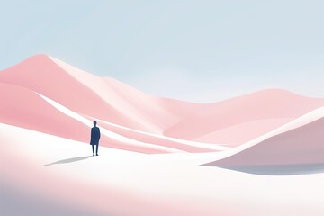 Contemplative Figure in a Surreal Pink Desert Landscape, Perfect for Themes of Solitude and Reflection