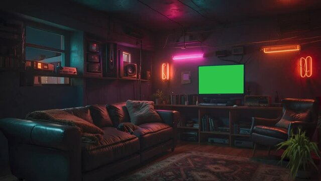 basement living room interior with green screen, stream overlay, loop animation, virtual backgrounds, live wallpapers, streamer vtuber OBS twitch asset, zoom screen, anime chill hip hop video.