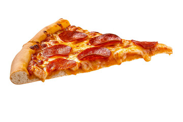 A close up photo of delicious tasty slice of pepperoni pizza, on a transparent background