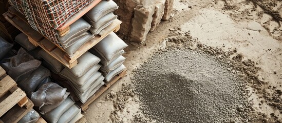 Construction material storage including sand, stone, and cement slab.