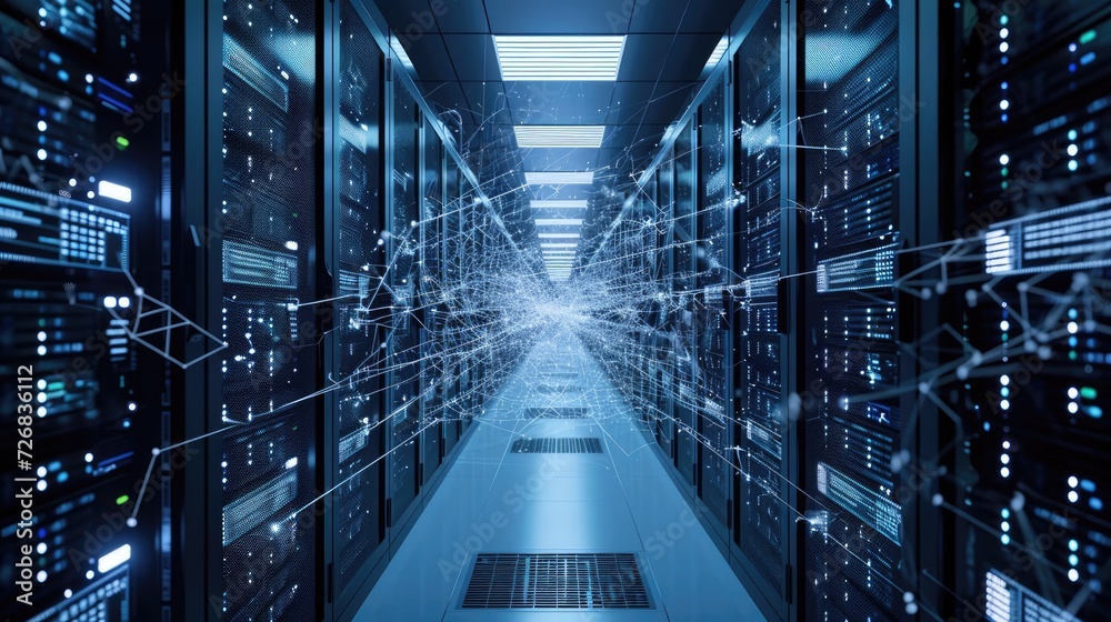 Poster long hallway with rows of servers in a data center generative ai