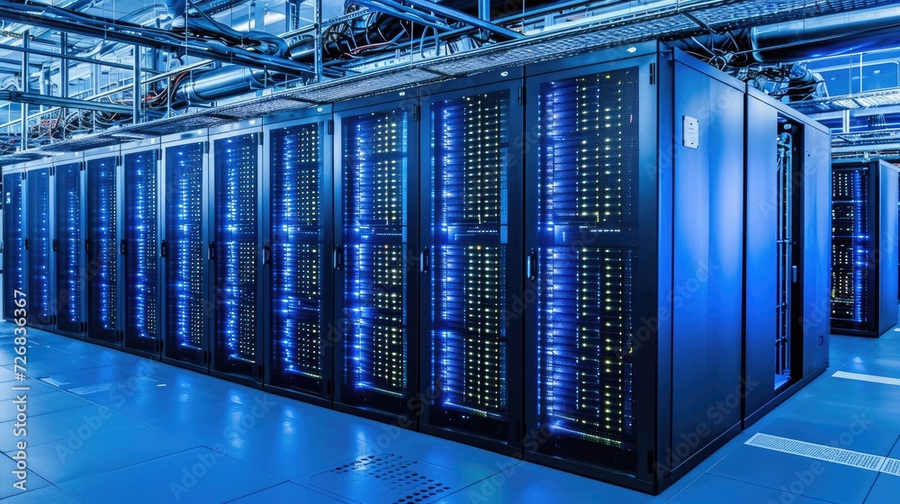 Poster rows of servers in a data center generative ai