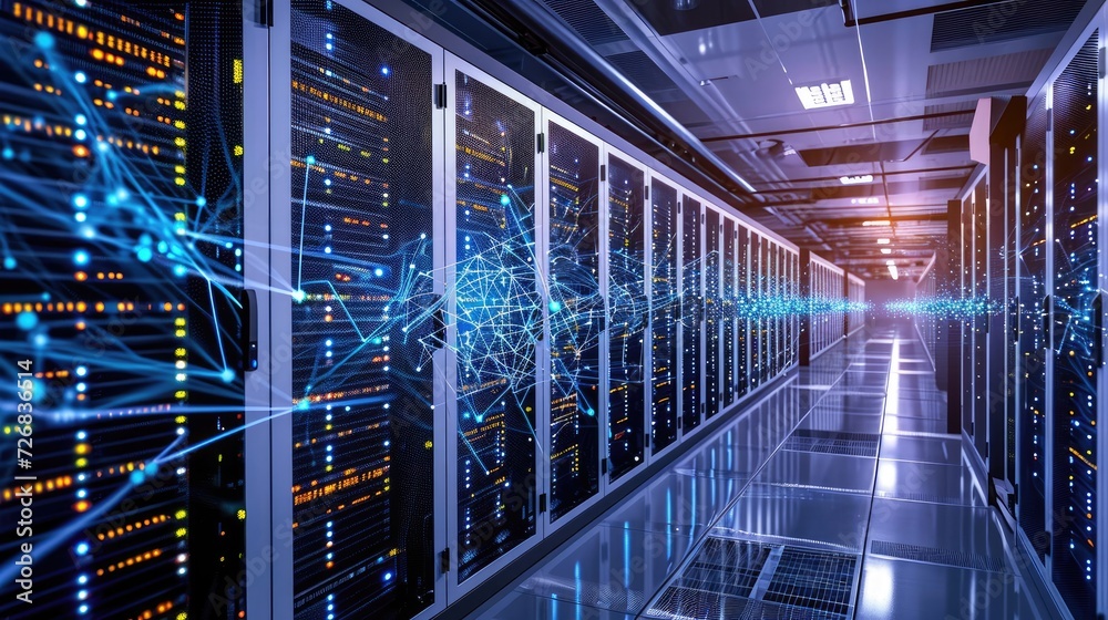 Poster server room packed with multiple servers generative ai