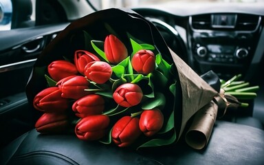 Tulips with bouquet on dashboard of car, Women's day, Valentine's Day, wedding, birthday, An offer of marriage