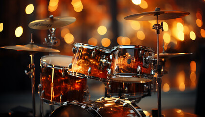 Naklejka premium Drummer rocks stage, spotlight shines on cymbal, music fills night generated by AI