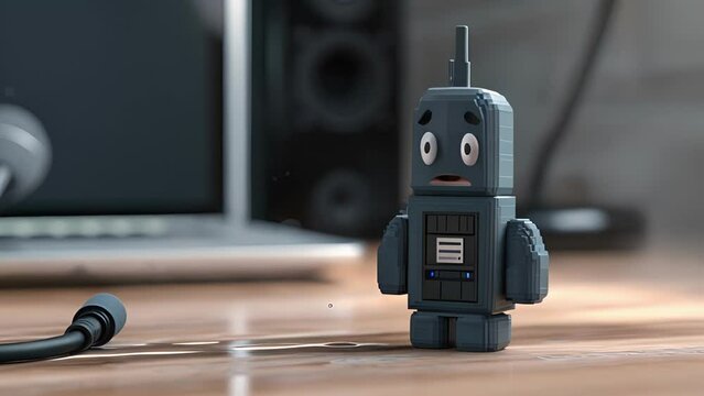 A USB drive standing at a microphone during a panel discussion nervously sweating tiny animated droplets as it struggles to explain how it accidentally wiped an entire project