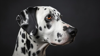 A studio portrait of a pedigreed Dalmatian in profile.