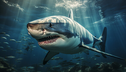 Fototapeta premium Majestic underwater giant, swimming with awe inspiring aggression generated by AI