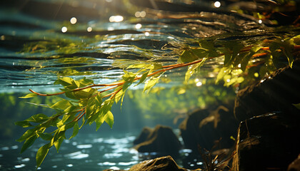 The vibrant green forest reflects in the tranquil pond water generated by AI