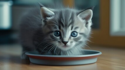 A cute grey kitten is eating food from a bowl on the wooden floor. . Portrait of a kitten during a meal