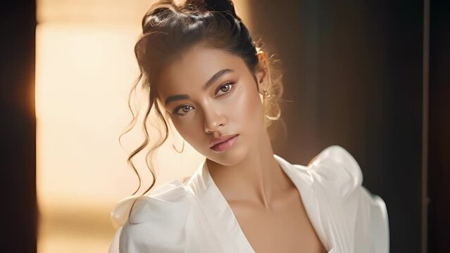 A Modern Asian Woman Strikes A Pose In A White Jumpsuit With Strong Shoulders And An Intricate Patterned Sash. She Gazes At The Camera And A Confident Smirk Curves Her Lips. With Her