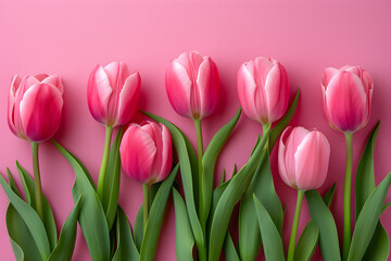 Obraz premium Spring tulip flowers on pink background top view in flat lay style, perfect for women's or mother's day greeting or spring sale banner.