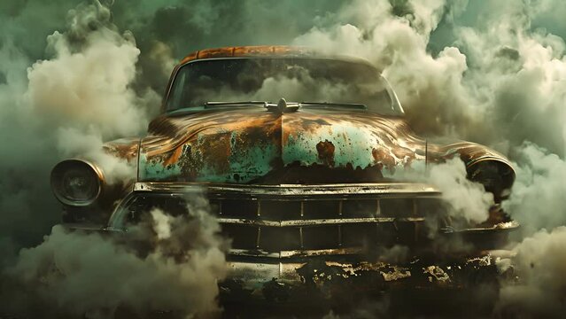 Smoke billows out from under the hood of a rusted old car its dinged and dented exterior betraying the beastly engine hidden within.