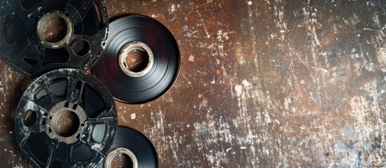 Vintage concept: Overhead view of scratched 8mm movie film and old photographic film bobbin.