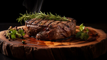 Succulent grilled beef steak with perfect sear marks, served on a rustic plate against a dark,