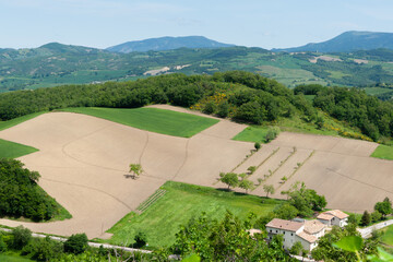 Wide landscape and patterned land in Umbria Italy