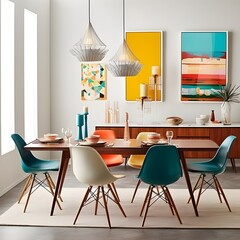 A dining room infused with the vibrant colors of mid-century modern design. Picture a dining table with clean lines and bold colors like mustard and teal