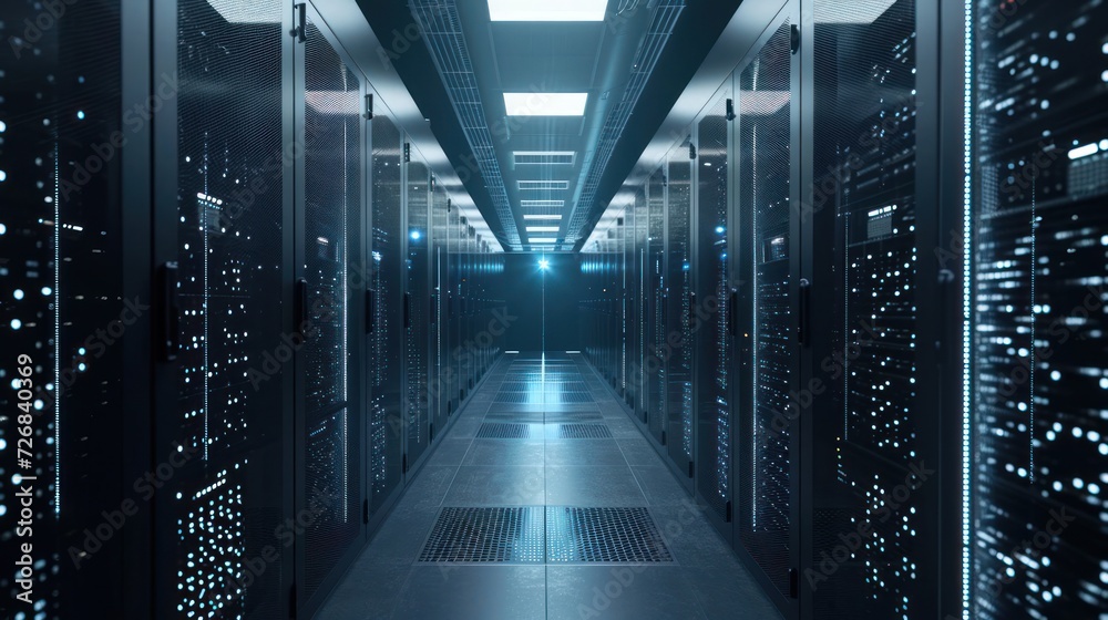 Poster rows of servers in a data center generative ai