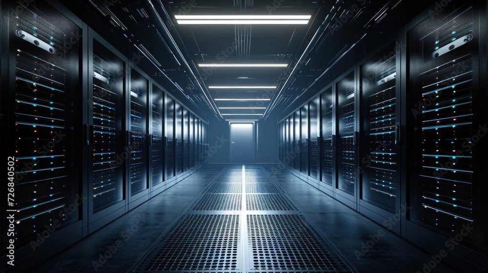 Poster long hallway with rows of servers in a data center generative ai