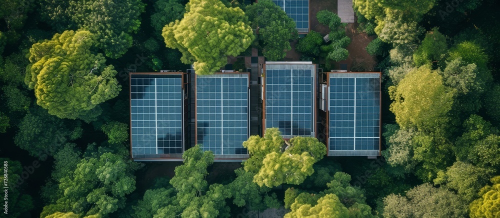 Wall mural Residential building with solar panels in a forest, captured from a drone.