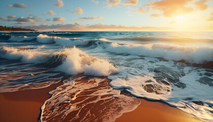 Fototapeta premium Sunset over the coastline, waves splashing on sand generated by AI