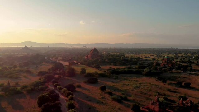 Bagan Myanmar, drone aerial view sunrise with temples and old pagodas at the historical UNESCO site of old Bagan