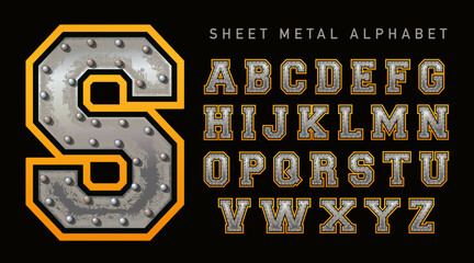 A textural alphabet with an industrial sheet metal effect.