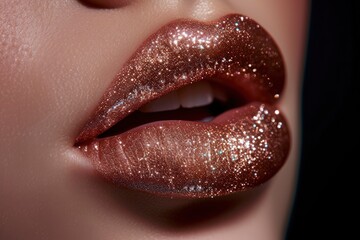 close up cosmetic photography of glittery and glossy lips, facing the camera, hd commercial photography, copy space - generative ai