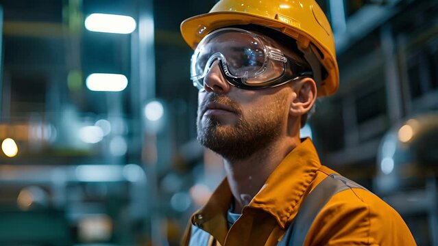 A male industrial hygienist wearing earplugs, goggles, and a hard hat while monitoring noise levels in a factory