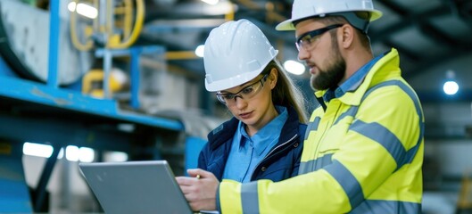 Obraz premium Engineers in Hardhats Analyzing Laptop Generative AI