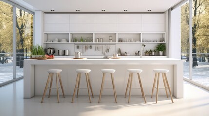 luxury interior design of modern trendy snow white kitchen in minimalistic style with island and two bar stools. huge windows to the floor and a glass rack for dishes
